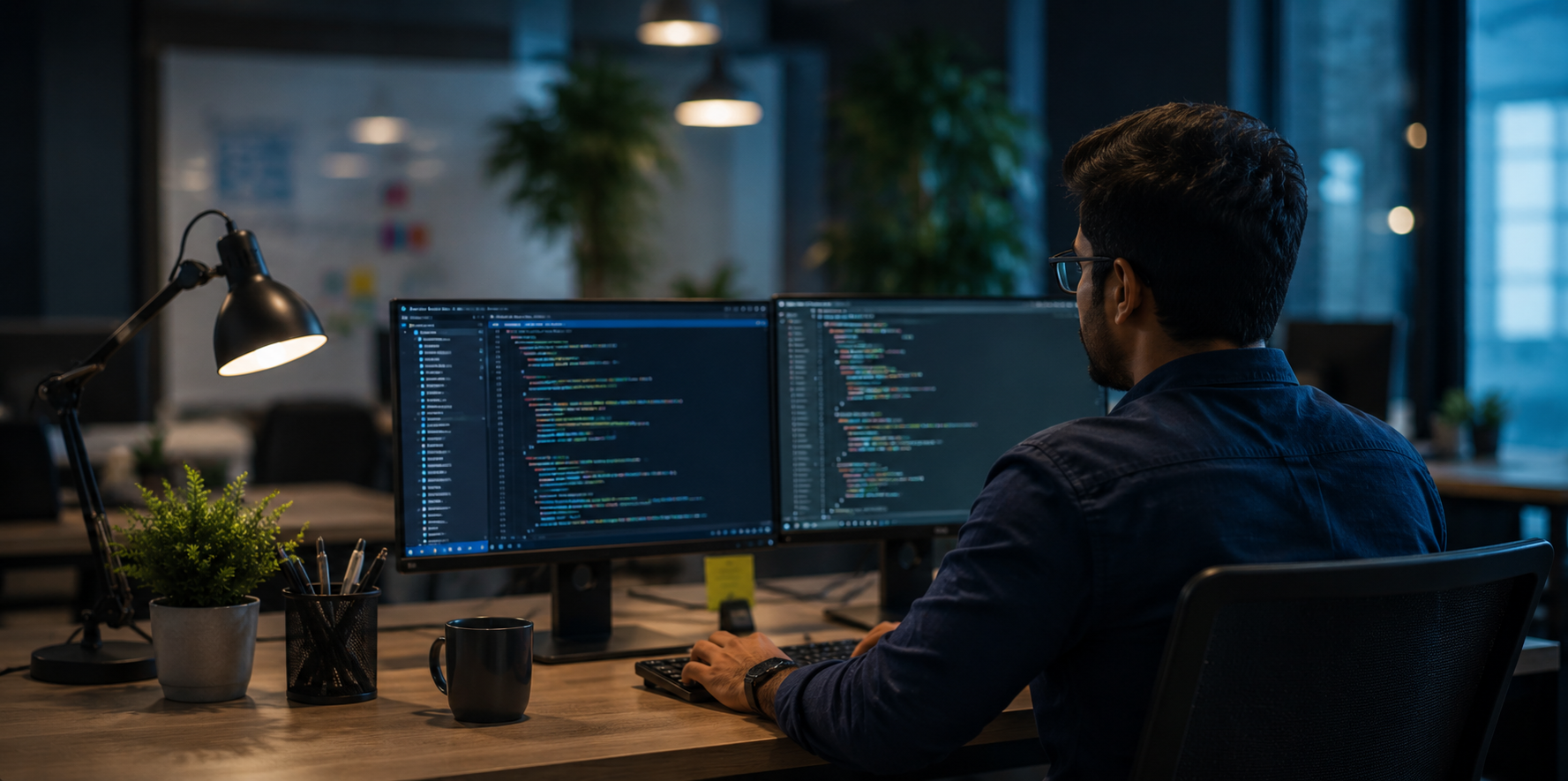 Software developer building business software at a multi-monitor workstation